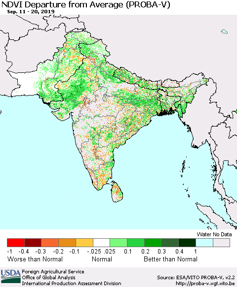 Southern Asia NDVI Departure from Average (PROBA-V) Thematic Map For 9/11/2019 - 9/20/2019