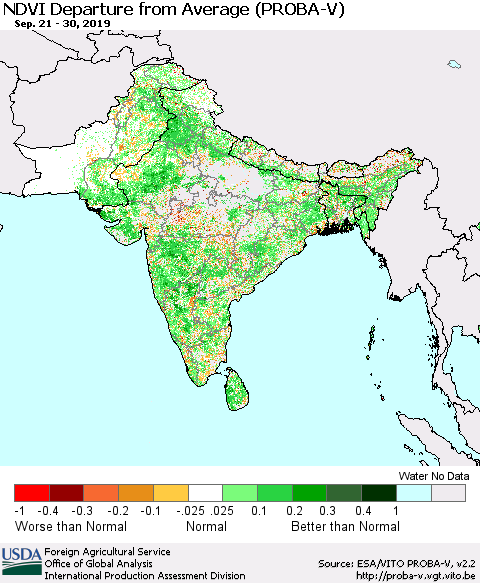 Southern Asia NDVI Departure from Average (PROBA-V) Thematic Map For 9/21/2019 - 9/30/2019
