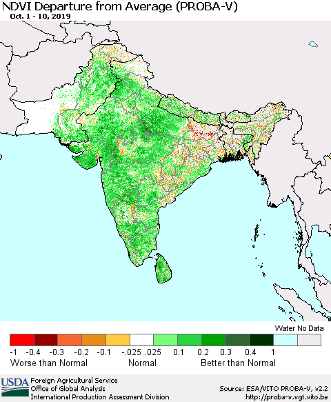Southern Asia NDVI Departure from Average (PROBA-V) Thematic Map For 10/1/2019 - 10/10/2019