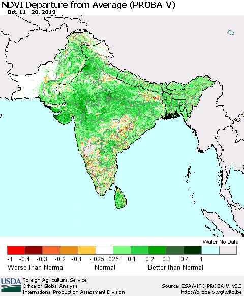 Southern Asia NDVI Departure from Average (PROBA-V) Thematic Map For 10/11/2019 - 10/20/2019