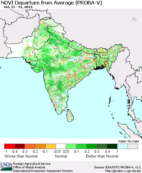 Southern Asia NDVI Departure from Average (PROBA-V) Thematic Map For 10/21/2019 - 10/31/2019