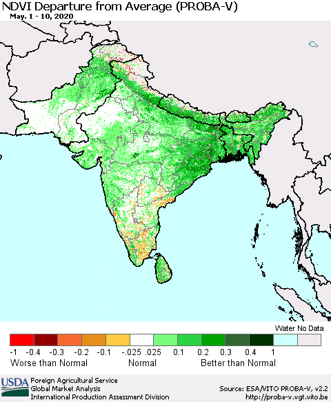 Southern Asia NDVI Departure from Average (PROBA-V) Thematic Map For 5/1/2020 - 5/10/2020