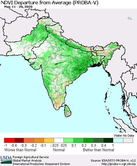 Southern Asia NDVI Departure from Average (PROBA-V) Thematic Map For 5/11/2020 - 5/20/2020