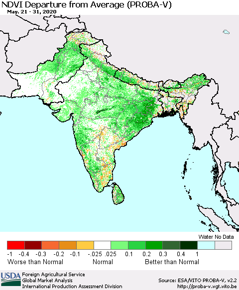 Southern Asia NDVI Departure from Average (PROBA-V) Thematic Map For 5/21/2020 - 5/31/2020