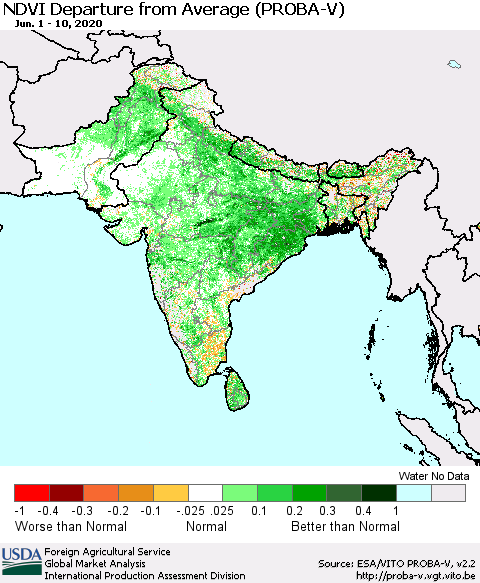 Southern Asia NDVI Departure from Average (PROBA-V) Thematic Map For 6/1/2020 - 6/10/2020