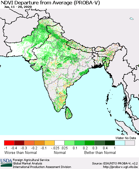Southern Asia NDVI Departure from Average (PROBA-V) Thematic Map For 6/11/2020 - 6/20/2020