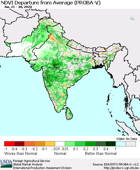 Southern Asia NDVI Departure from Average (PROBA-V) Thematic Map For 6/21/2020 - 6/30/2020