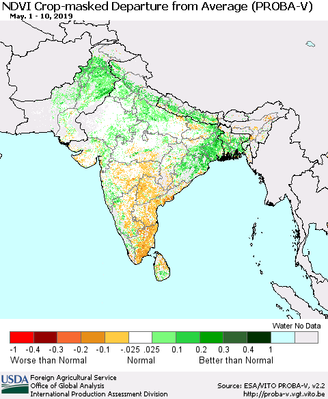 Southern Asia NDVI Crop-masked Departure from Average (PROBA-V) Thematic Map For 5/1/2019 - 5/10/2019