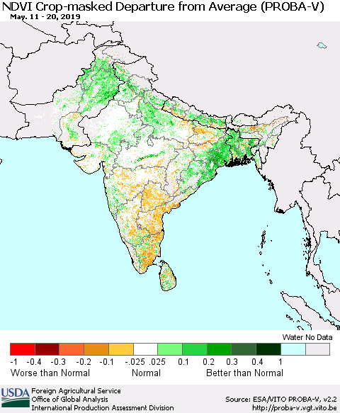 Southern Asia NDVI Crop-masked Departure from Average (PROBA-V) Thematic Map For 5/11/2019 - 5/20/2019