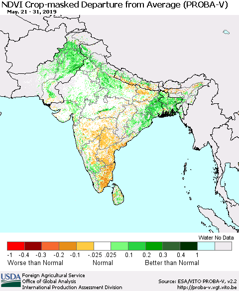 Southern Asia NDVI Crop-masked Departure from Average (PROBA-V) Thematic Map For 5/21/2019 - 5/31/2019