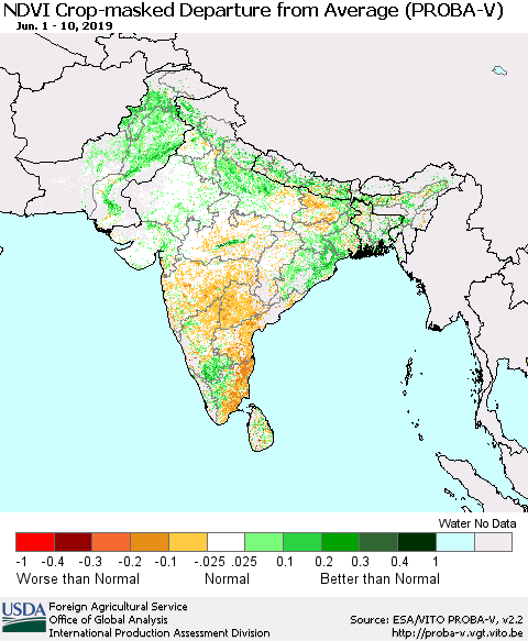 Southern Asia NDVI Crop-masked Departure from Average (PROBA-V) Thematic Map For 6/1/2019 - 6/10/2019