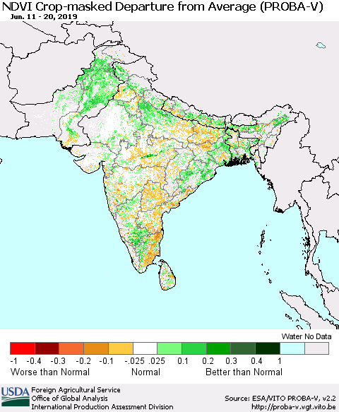 Southern Asia NDVI Crop-masked Departure from Average (PROBA-V) Thematic Map For 6/11/2019 - 6/20/2019