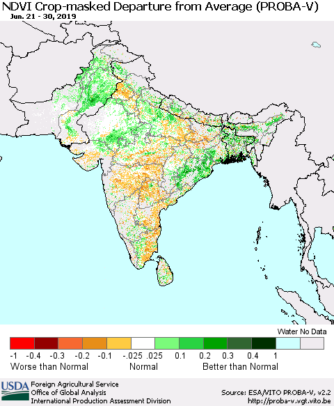 Southern Asia NDVI Crop-masked Departure from Average (PROBA-V) Thematic Map For 6/21/2019 - 6/30/2019