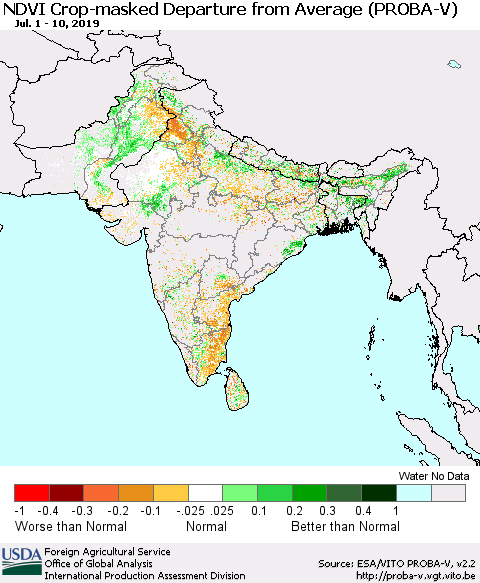 Southern Asia NDVI Crop-masked Departure from Average (PROBA-V) Thematic Map For 7/1/2019 - 7/10/2019