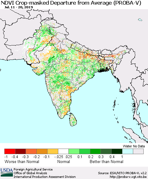 Southern Asia NDVI Crop-masked Departure from Average (PROBA-V) Thematic Map For 7/11/2019 - 7/20/2019