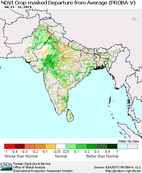 Southern Asia NDVI Crop-masked Departure from Average (PROBA-V) Thematic Map For 7/21/2019 - 7/31/2019