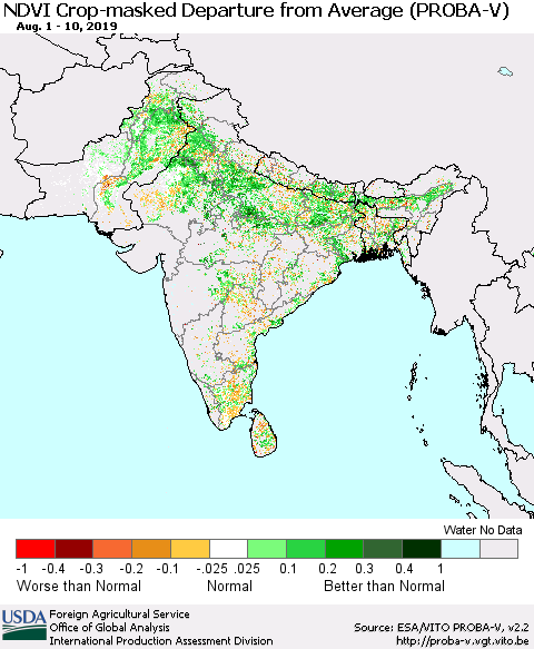 Southern Asia NDVI Crop-masked Departure from Average (PROBA-V) Thematic Map For 8/1/2019 - 8/10/2019