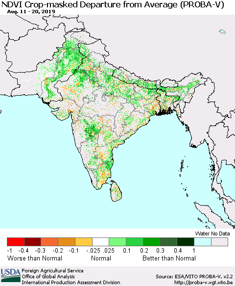 Southern Asia NDVI Crop-masked Departure from Average (PROBA-V) Thematic Map For 8/11/2019 - 8/20/2019