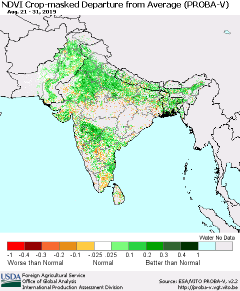 Southern Asia NDVI Crop-masked Departure from Average (PROBA-V) Thematic Map For 8/21/2019 - 8/31/2019