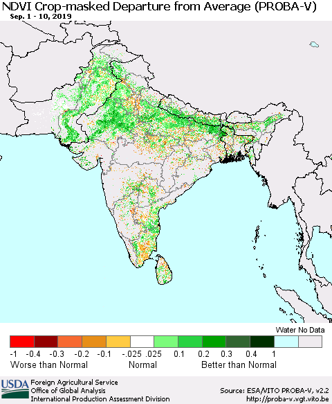 Southern Asia NDVI Crop-masked Departure from Average (PROBA-V) Thematic Map For 9/1/2019 - 9/10/2019