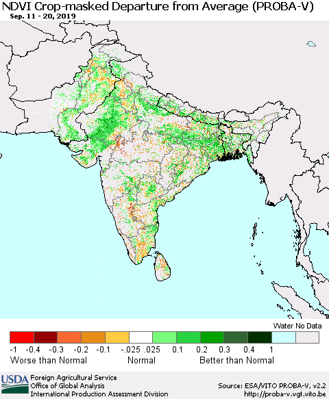 Southern Asia NDVI Crop-masked Departure from Average (PROBA-V) Thematic Map For 9/11/2019 - 9/20/2019
