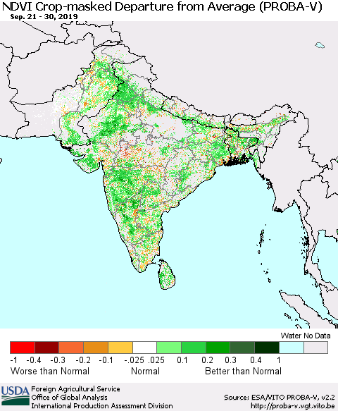 Southern Asia NDVI Crop-masked Departure from Average (PROBA-V) Thematic Map For 9/21/2019 - 9/30/2019