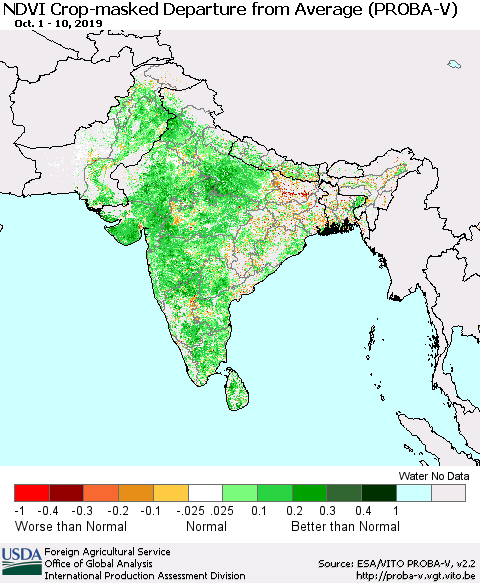 Southern Asia NDVI Crop-masked Departure from Average (PROBA-V) Thematic Map For 10/1/2019 - 10/10/2019