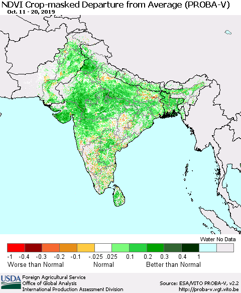 Southern Asia NDVI Crop-masked Departure from Average (PROBA-V) Thematic Map For 10/11/2019 - 10/20/2019