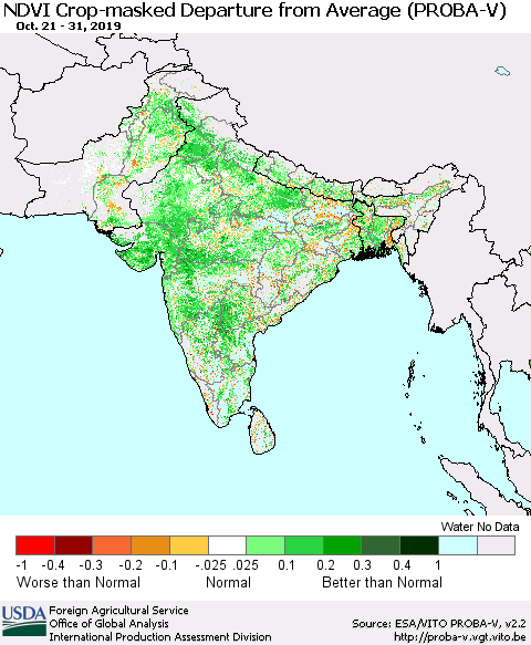 Southern Asia NDVI Crop-masked Departure from Average (PROBA-V) Thematic Map For 10/21/2019 - 10/31/2019