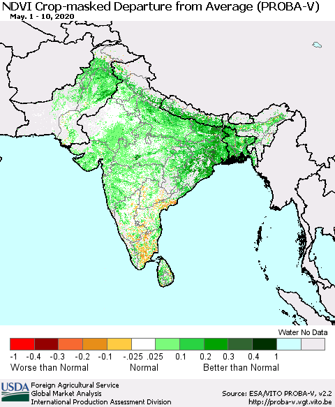 Southern Asia NDVI Crop-masked Departure from Average (PROBA-V) Thematic Map For 5/1/2020 - 5/10/2020
