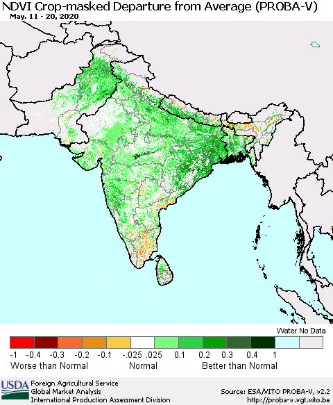 Southern Asia NDVI Crop-masked Departure from Average (PROBA-V) Thematic Map For 5/11/2020 - 5/20/2020