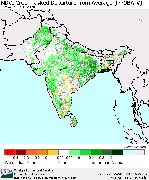 Southern Asia NDVI Crop-masked Departure from Average (PROBA-V) Thematic Map For 5/21/2020 - 5/31/2020