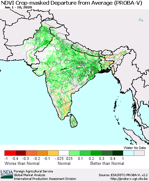 Southern Asia NDVI Crop-masked Departure from Average (PROBA-V) Thematic Map For 6/1/2020 - 6/10/2020