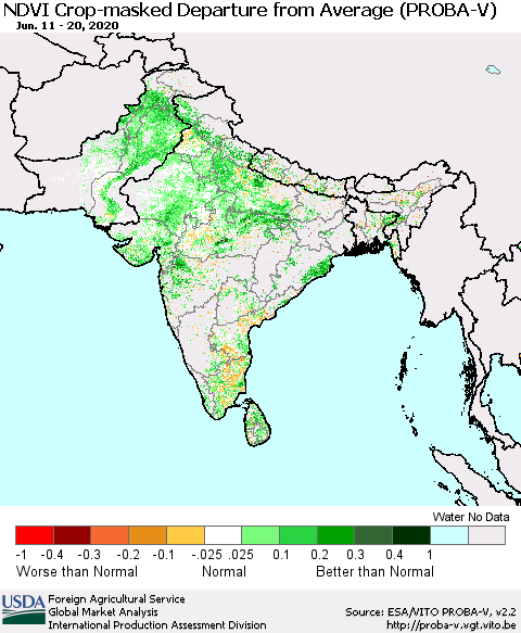 Southern Asia NDVI Crop-masked Departure from Average (PROBA-V) Thematic Map For 6/11/2020 - 6/20/2020