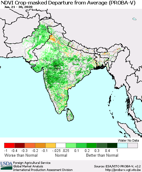 Southern Asia NDVI Crop-masked Departure from Average (PROBA-V) Thematic Map For 6/21/2020 - 6/30/2020