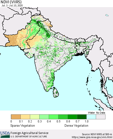 Southern Asia NDVI (VIIRS) Thematic Map For 7/1/2020 - 7/10/2020