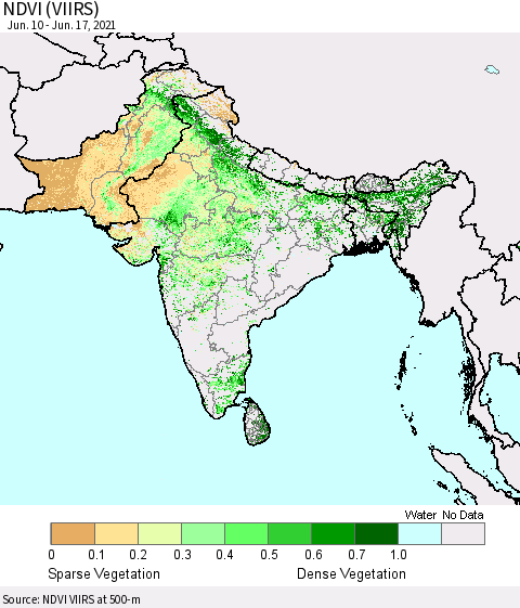 Southern Asia NDVI (VIIRS) Thematic Map For 6/10/2021 - 6/17/2021