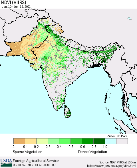 Southern Asia NDVI (VIIRS) Thematic Map For 6/11/2021 - 6/20/2021