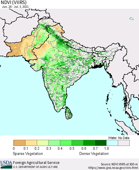 Southern Asia NDVI (VIIRS) Thematic Map For 7/1/2021 - 7/10/2021
