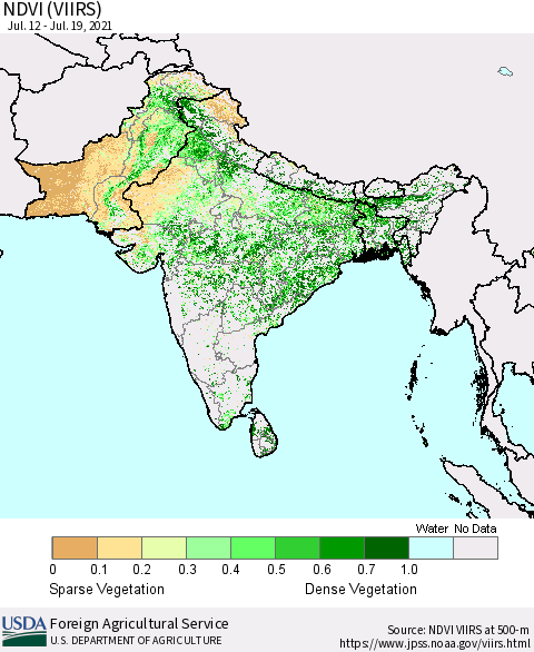 Southern Asia NDVI (VIIRS) Thematic Map For 7/11/2021 - 7/20/2021