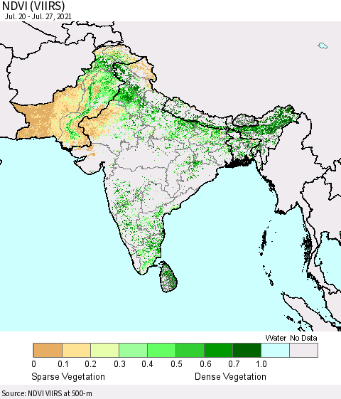 Southern Asia NDVI (VIIRS) Thematic Map For 7/20/2021 - 7/27/2021
