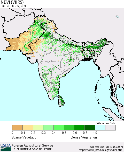 Southern Asia NDVI (VIIRS) Thematic Map For 7/21/2021 - 7/31/2021