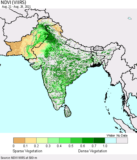 Southern Asia NDVI (VIIRS) Thematic Map For 8/21/2021 - 8/28/2021