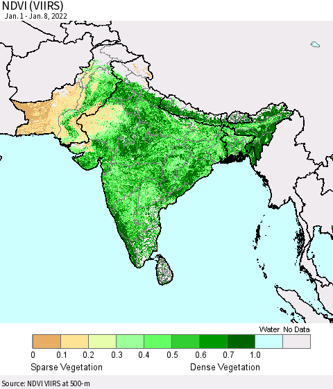 Southern Asia NDVI (VIIRS) Thematic Map For 1/1/2022 - 1/8/2022