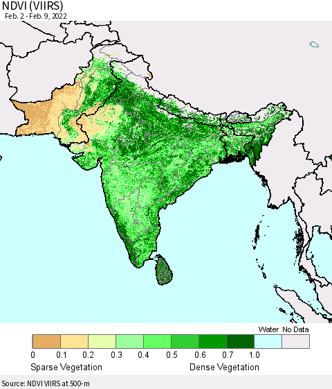 Southern Asia NDVI (VIIRS) Thematic Map For 2/2/2022 - 2/9/2022