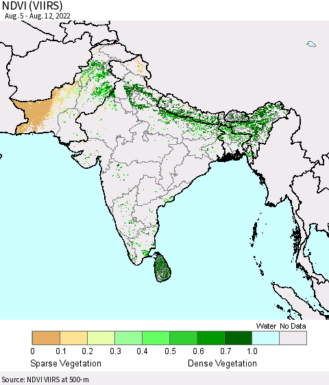 Southern Asia NDVI (VIIRS) Thematic Map For 8/5/2022 - 8/12/2022