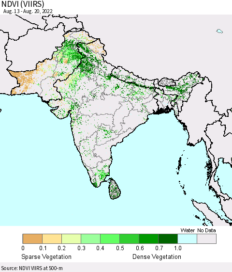Southern Asia NDVI (VIIRS) Thematic Map For 8/11/2022 - 8/20/2022