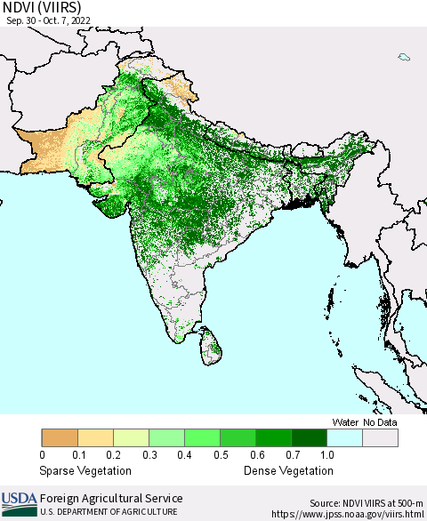 Southern Asia NDVI (VIIRS) Thematic Map For 10/1/2022 - 10/10/2022