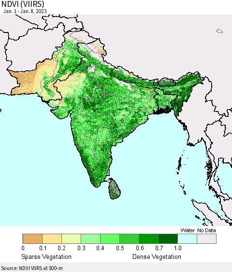 Southern Asia NDVI (VIIRS) Thematic Map For 1/1/2023 - 1/8/2023
