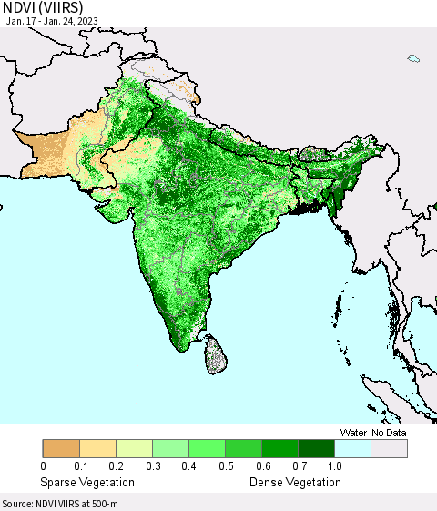 Southern Asia NDVI (VIIRS) Thematic Map For 1/17/2023 - 1/24/2023